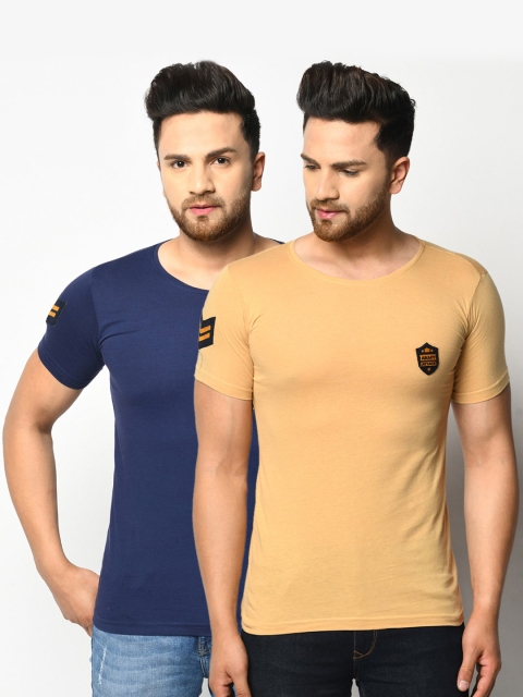 

ELEGANCE Men Pack Of 2 Solid Cotton T-shirt, Navy blue
