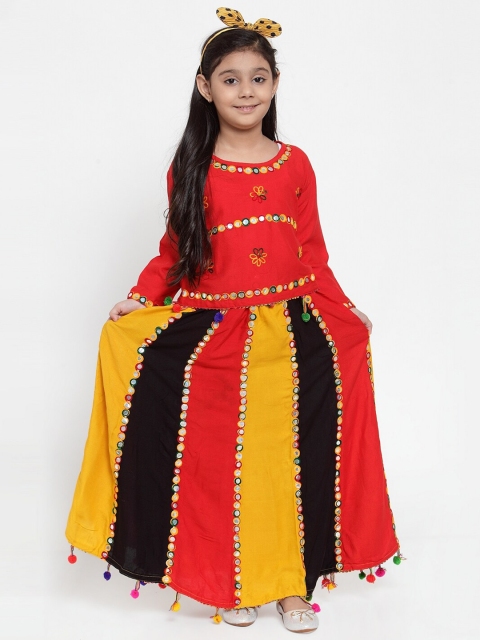 

Baani Creations Girls Red & Yellow Embellished Mirror Work Ready to Wear Lehenga & Choli