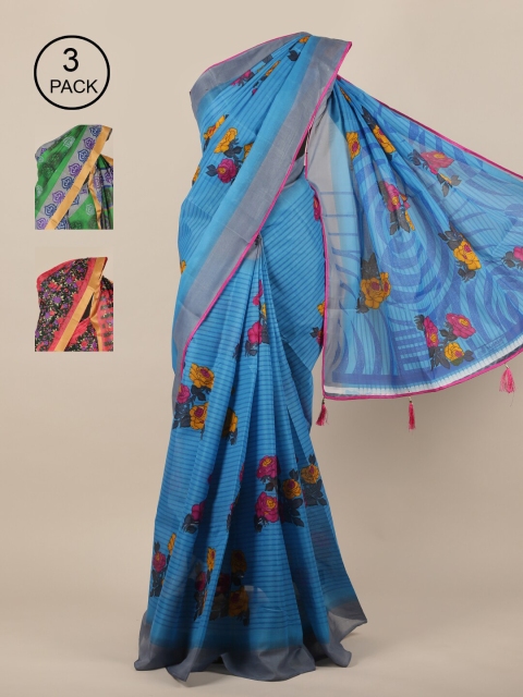 

Pothys Blue & Green Pack of 3 Floral Printed Saree