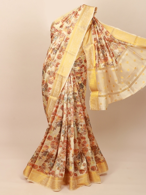 

Pothys Cream-Coloured & Gold-Toned Floral Art Silk Saree