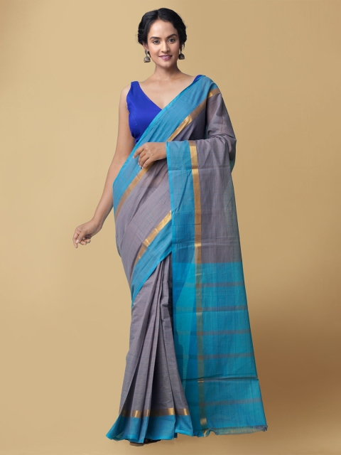 

Unnati Silks Grey & Blue Striped Pure Cotton Mangalagiri Saree