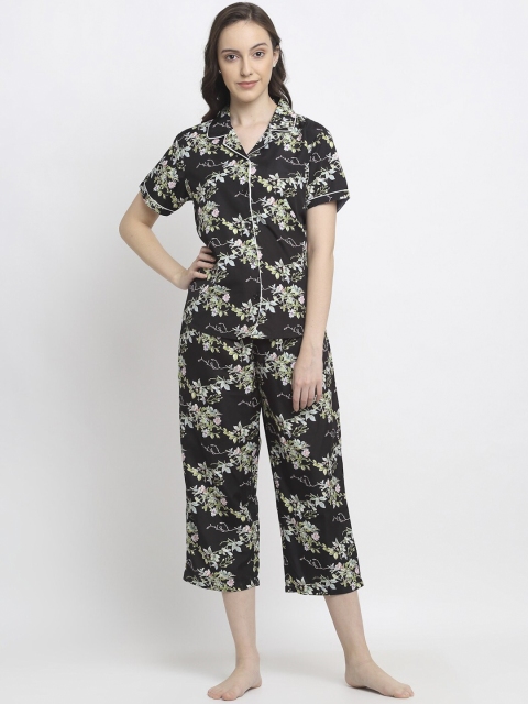 

DIVA WALK EXCLUSIVE Women Black & Green Printed Night Suit