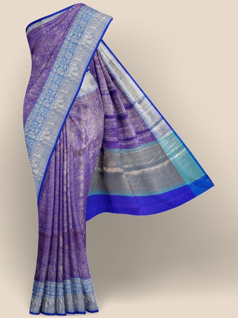 

Kalamandir Blue & Silver-Toned Woven Design Zari Silk Blend Banarasi Saree