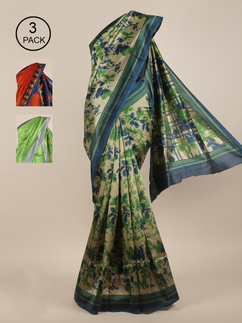 

Pothys Pack of 3 Ethnic Motifs Jute Silk Sarees, Green