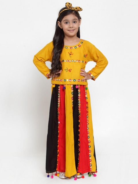 

Baani Creations Girls Yellow & Red Embellished Mirror Work Ready to Wear Lehenga &