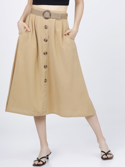 

Tokyo Talkies Women Khaki-Coloured Solid A-Line Midi Skirt with Belt