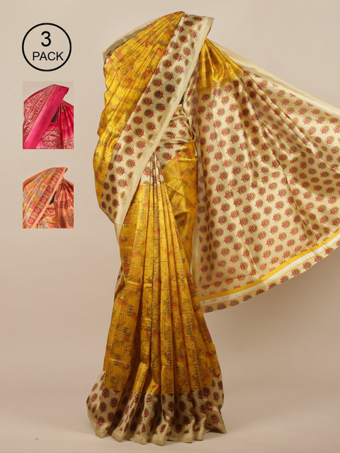 

Pothys Pack Of 3 Jute Silk Sarees, Mustard