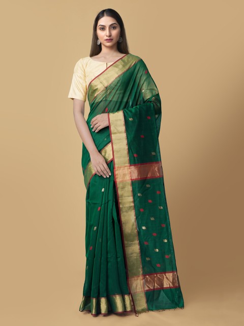 

Unnati Silks Green & Golden Woven Design Zari Silk Cotton Maheshwari Saree