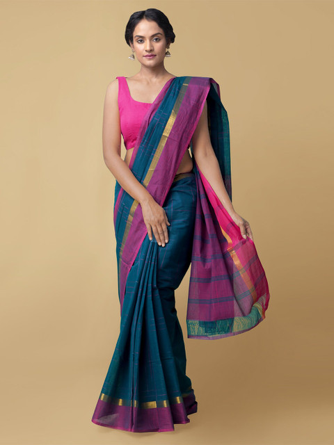

Unnati Silks Blue & Pink Woven Design Pure Cotton Mangalagiri Saree