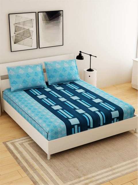 

Salona Bichona Turquoise Blue Geometric 120 TC Queen Bedsheet with 2 Pillow Covers