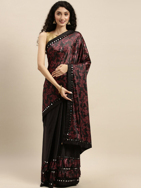 

KALINI Black & Pink Floral Mirror Work Voile Embroidered Ruffled Saree