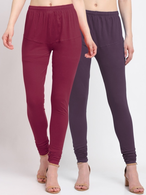 

KLOTTHE Women Pack Of 2 Solid Cotton Churidar-Length Leggings, Purple