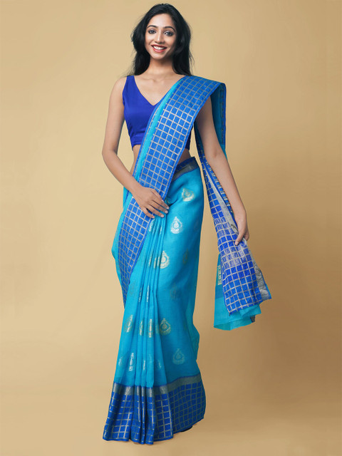 

Unnati Silks Blue & Gold-Toned Ethnic Motifs Zari Silk Blend Kota Saree