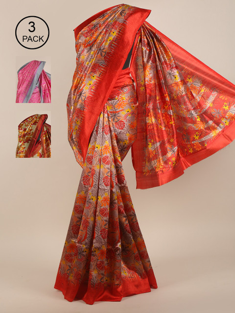 

Pothys Pack of 3 Ethnic Motifs Jute Silk Sarees, Pink