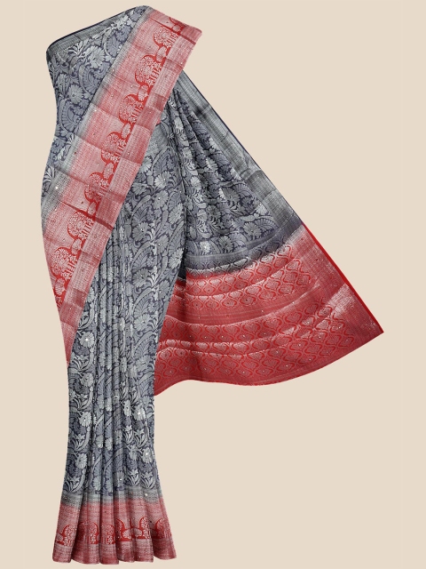 Kalamandir Black & Red Floral Zari Silk Blend Banarasi Saree