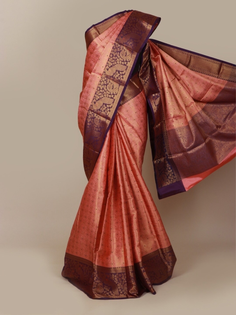 

Pothys Peach-Coloured & Navy Blue Ethnic Motifs Zari Art Silk Banarasi Saree