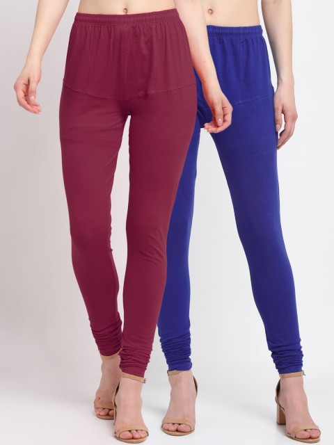 

KLOTTHE Women Pack Of 2 Solid Churidar-Length Cotton Leggings, Navy blue