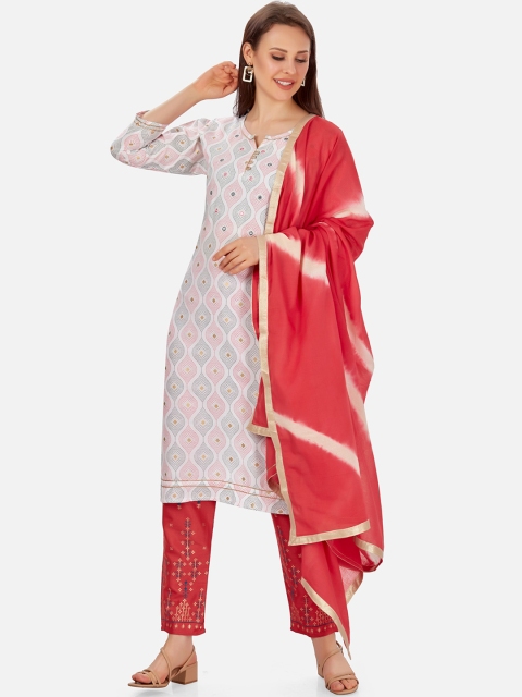 

Kiana Women White & Red Ethnic Motifs Printed Pure Cotton Kurta With Trousers & Dupatta