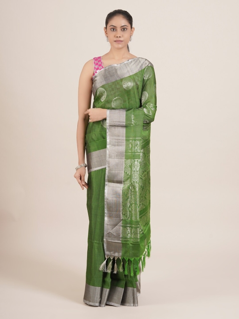

Pothys Green & Silver-Toned Floral Pure Silk Uppada Saree