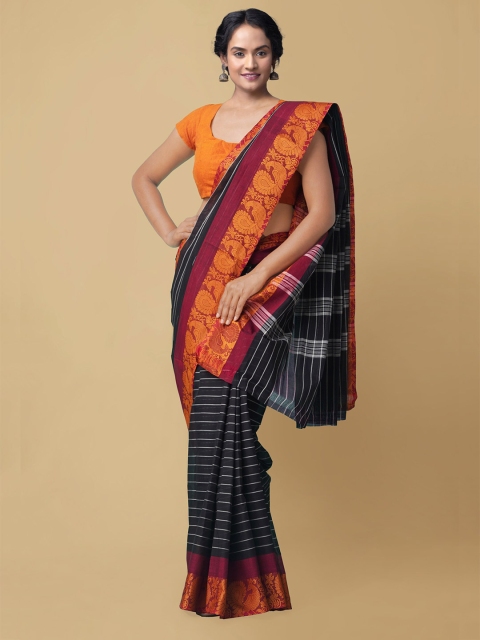 

Unnati Silks Black & Maroon Striped Pure Cotton Chettinad Handloom Saree