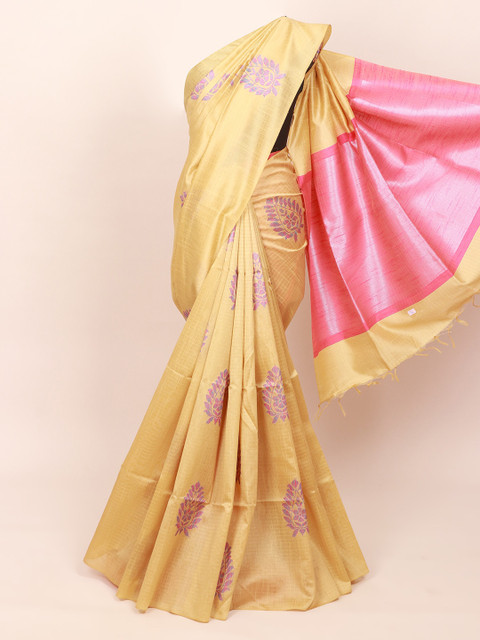 

Pothys Cream-Coloured & Pink Ethnic Motifs Zari Jute Silk Saree
