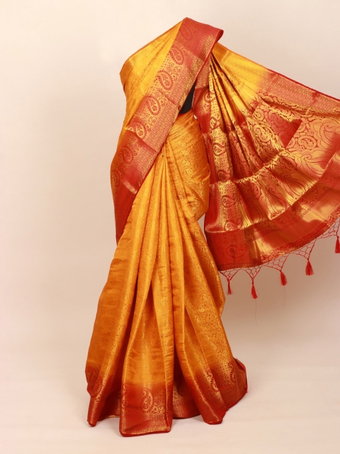 

Pothys Mustard & Gold-Toned Woven Design Zari Art Silk Banarasi Saree