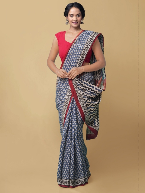 

Unnati Silks Women Blue & Beige Pure Bagru Printed Kota Cotton Sustainable Saree