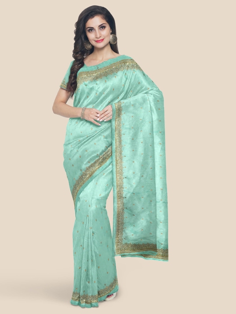 

Kalamandir Turquoise Blue & Gold-Toned Embellished Beads and Stones Silk Blend Saree