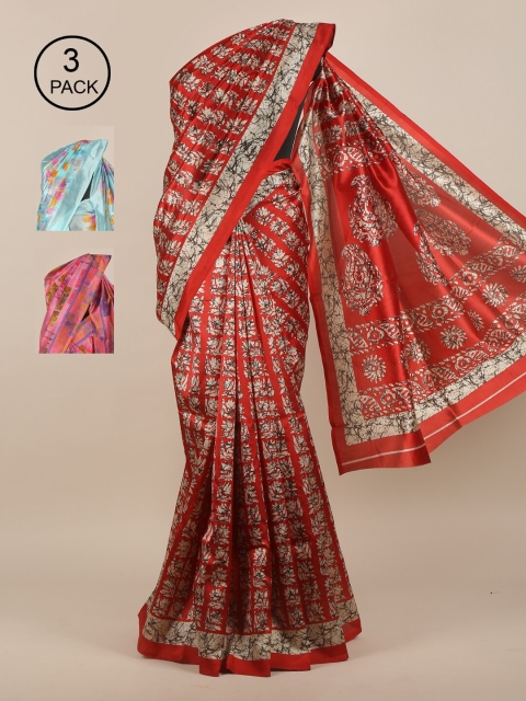 

Pothys Pack of 3 Ethnic Motifs Jute Silk Sarees, Red