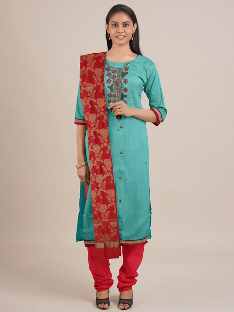 

Pothys Women Blue & Red Embroidered Unstitched Dress Material