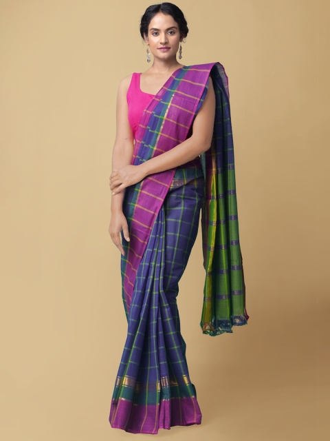 

Unnati Silks Blue & Green Checked Pure Cotton Mangalagiri Saree