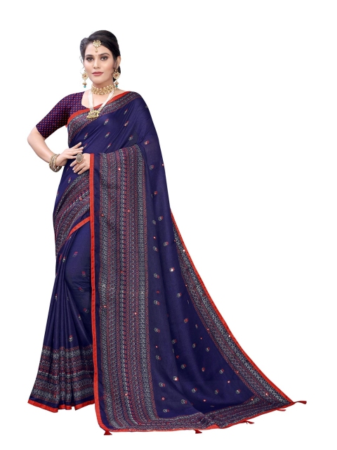 

KALINI Blue & Red Ethnic Motifs Jute Silk Saree With Tasseled Pallu