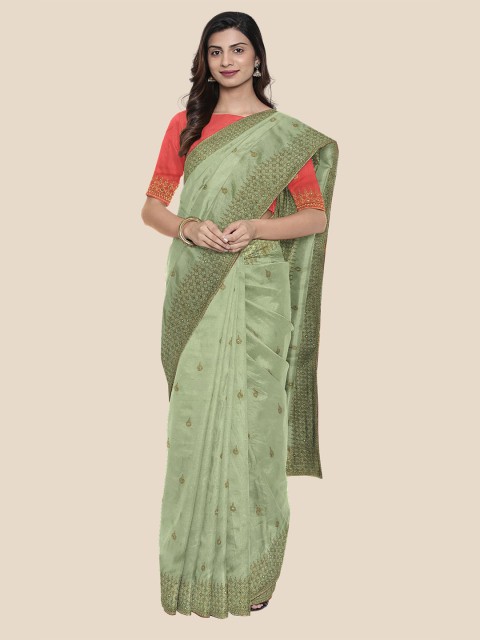 

Kalamandir Green & Gold-Toned Ethnic Motifs Mirror Work Silk Blend Saree