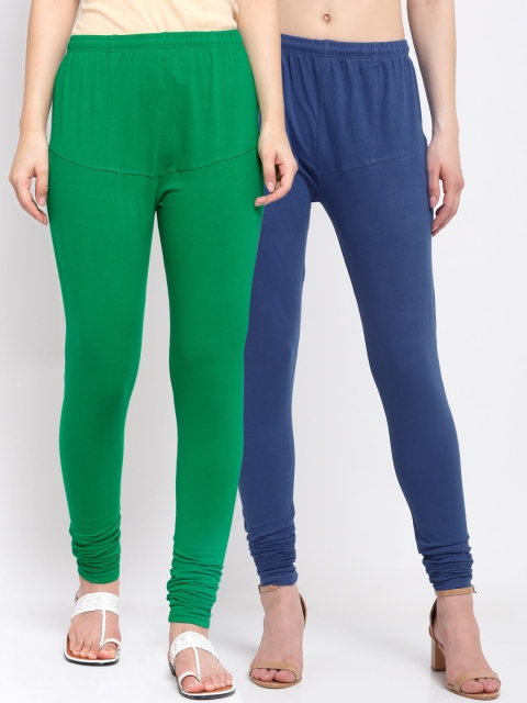 

KLOTTHE Women Pack Of 2 Solid Cotton Churidar-Length Leggings, Blue