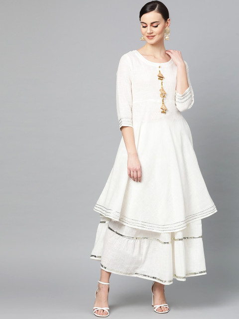 

Ishin Women Off White Yoke Design Empire Pure Cotton Kurta with Skirt