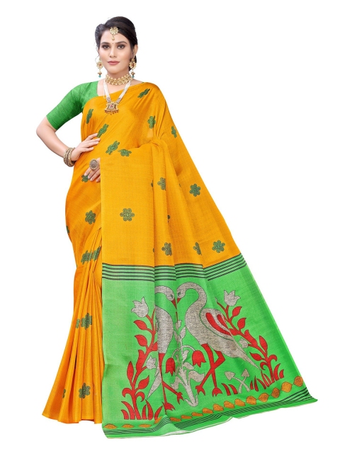 

KALINI Yellow & Sea Green Ethnic Motifs Art Silk Saree