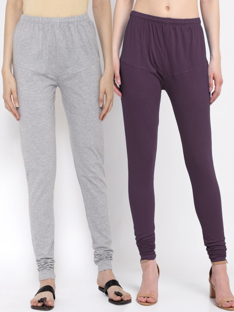 

KLOTTHE Women Pack Of 2 Solid Cotton Churidar-Length Leggings, Purple