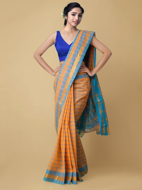 

Unnati Silks Orange & Blue Checked Zari Pure Cotton Mangalagiri Saree