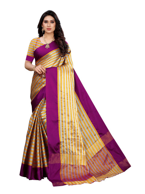 

KALINI Purple & Yellow Striped Silk Blend Saree