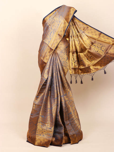 

Pothys Grey & Gold-Toned Floral Zari Art Silk Banarasi Saree