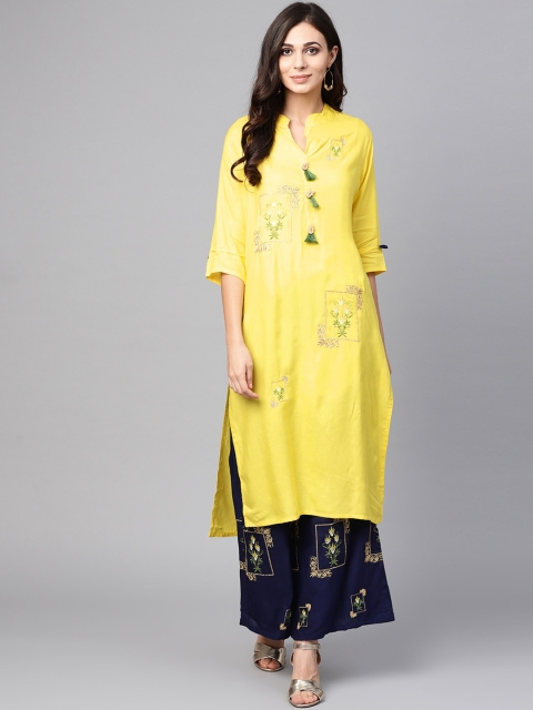 

Ishin Women Yellow Ethnic Motifs Embroidered Kurta with Palazzos