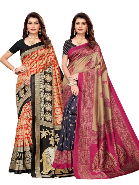 

KALINI Pack Of 2 Beige & Orange Ethnic Motifs Art Silk Sarees