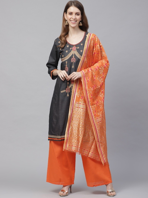 

Ishin Women Grey & Orange Embroidered Pure Cotton Kurta with Palazzos & With Dupatta
