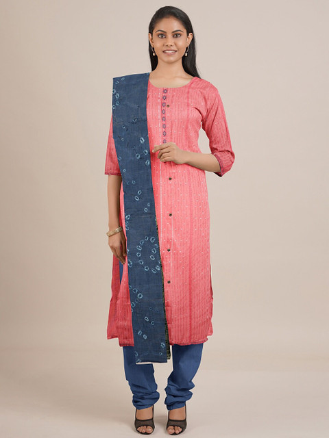 

Pothys Pink & Blue Printed Unstitched Dress Material