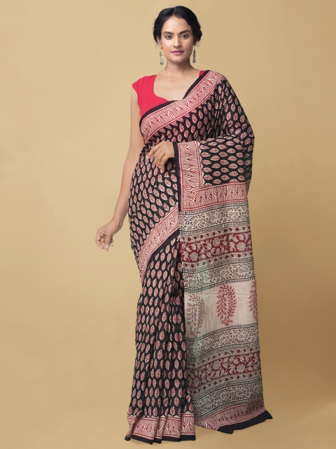 Unnati Silks Women Black & Red Pure Bagru Printed Kota Cotton Sustainable Saree