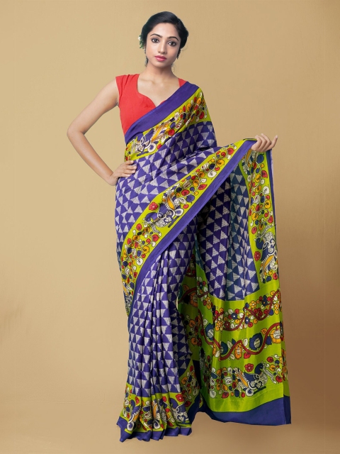 

Unnati Silks Blue & Green Kalamkari Art Silk Pochampally Saree