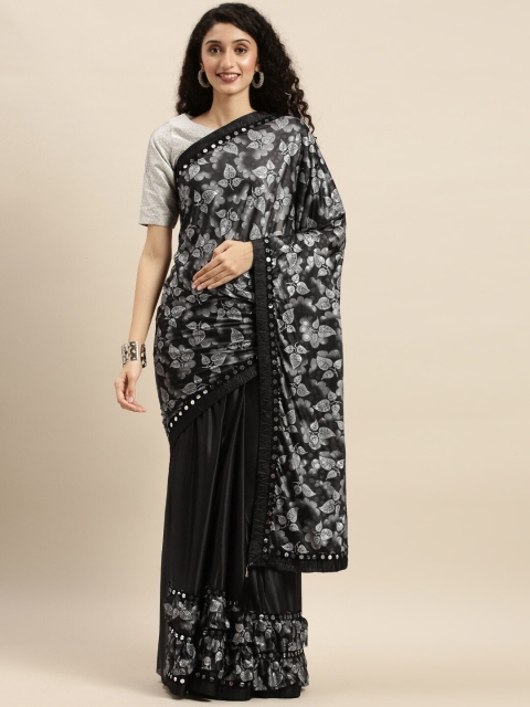 

KALINI Black & White Floral Mirror Work Voile Saree