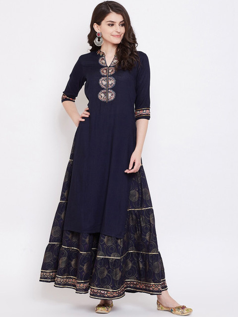 

Ishin Women Navy Blue Ethnic Motifs Yoke Design Kurta with Skirt & With Dupatta