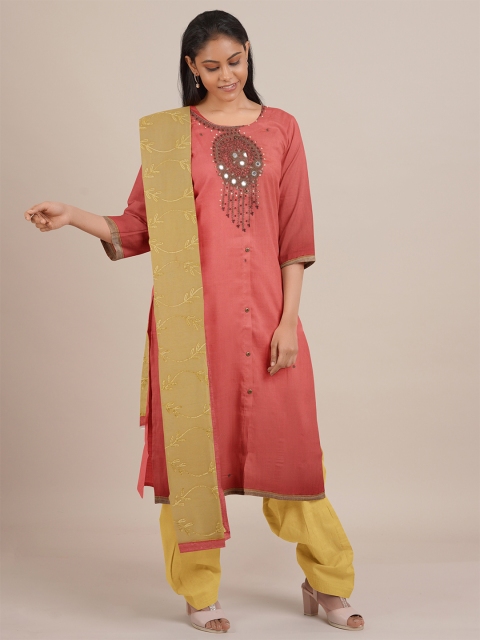

Pothys Peach-Coloured & Yellow Unstitched Dress Material