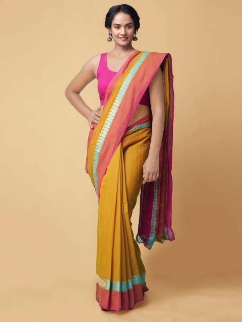 

Unnati Silks Women Yellow & Pink Pure Mangalagiri Cotton Sustainable Saree